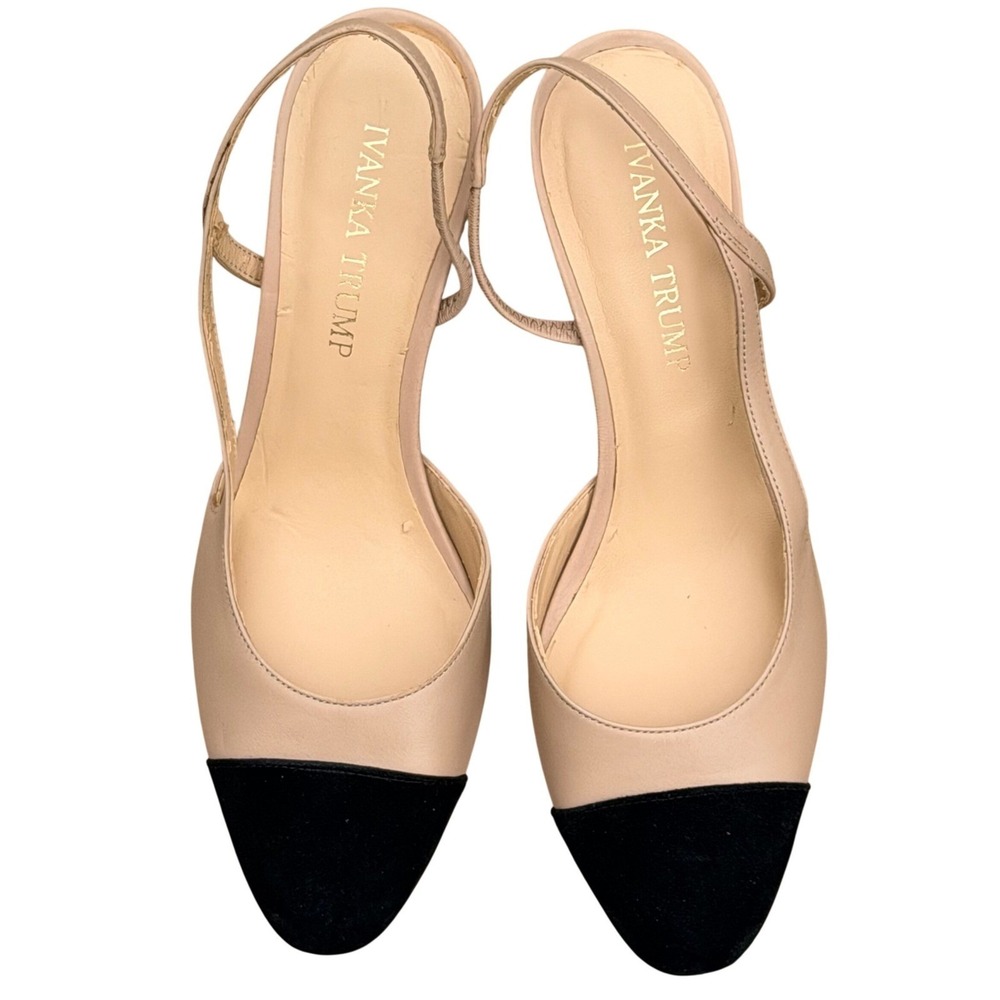 Ivanka Trump Pump Shoes Womens 6.5 Beige Black Leather Cap Toe Block Slingback